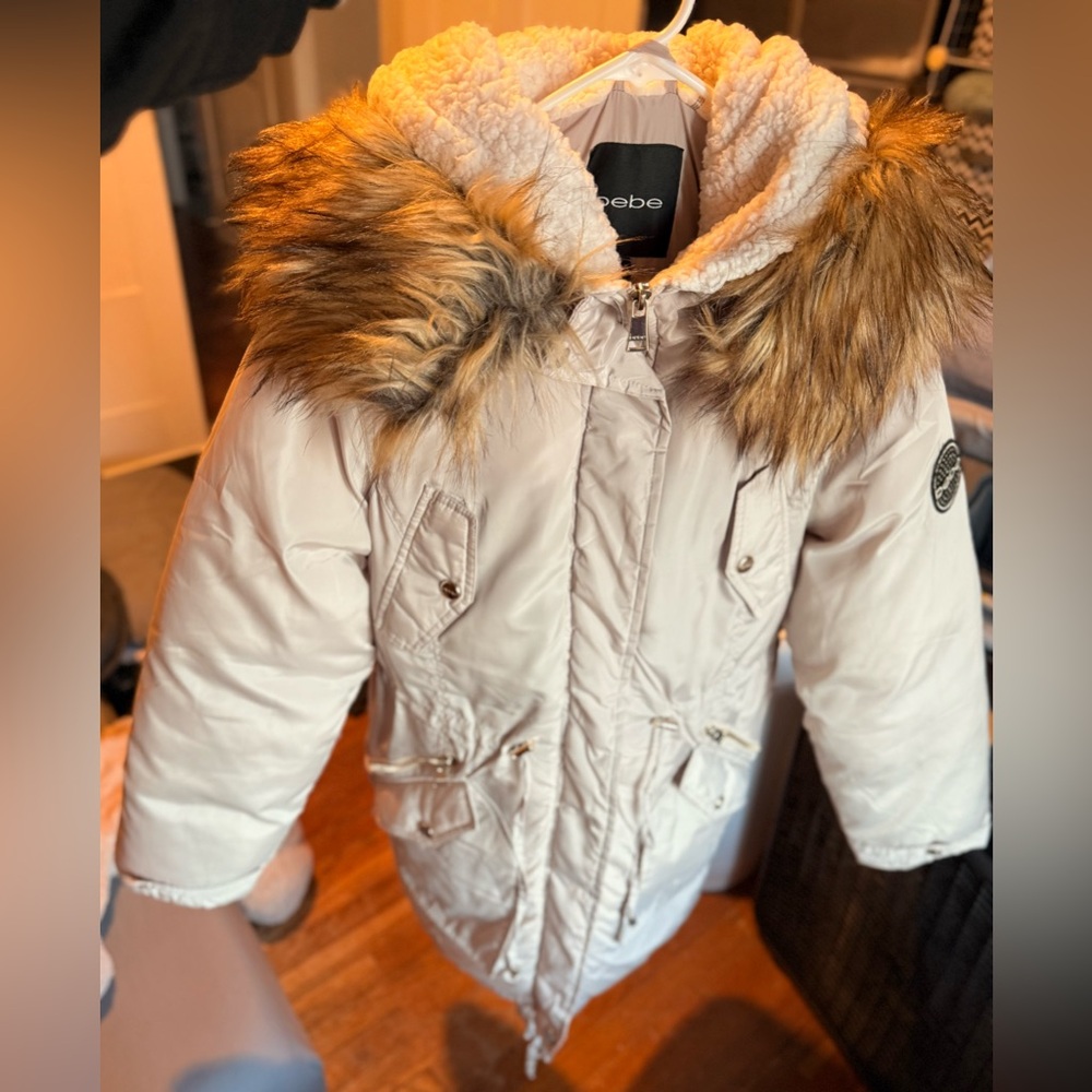 Bebe Beige Parka Puffer Winter Coat with Faux Fur Collar